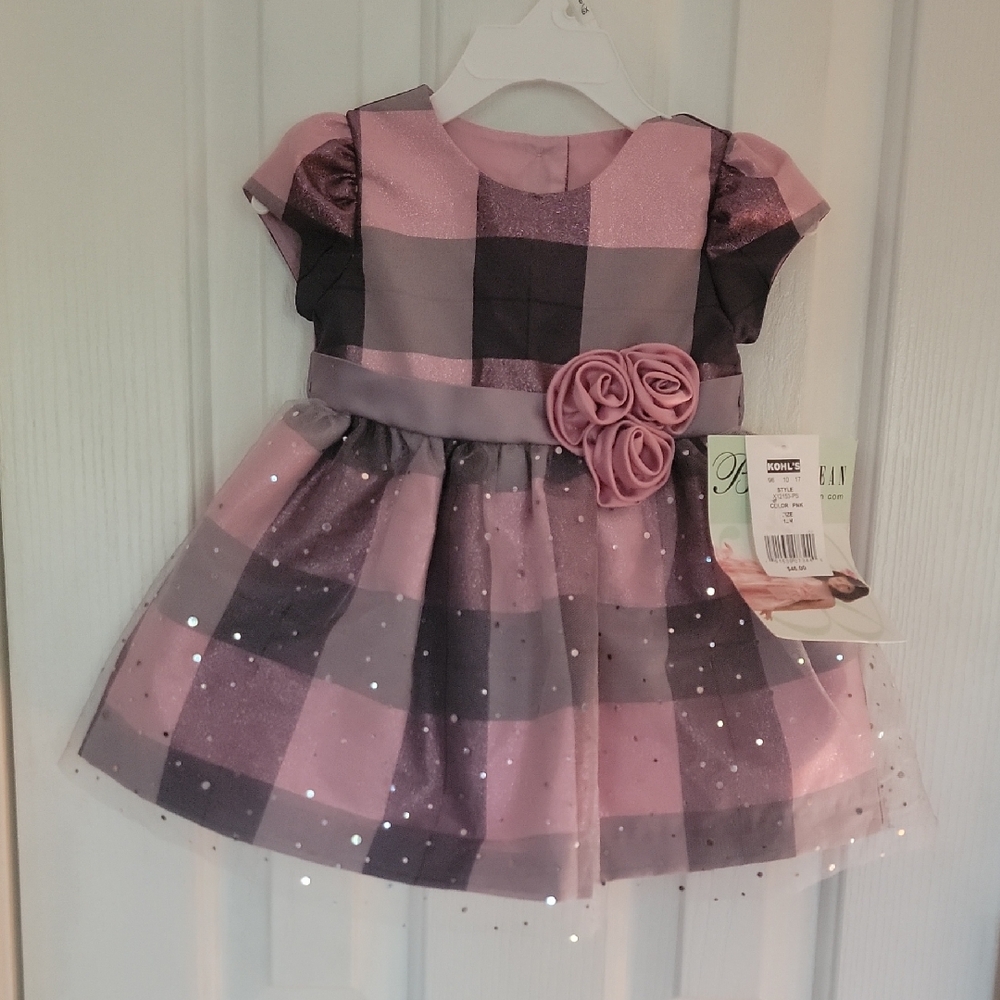 BONNIE JEAN Pink and Gray Checkered Kids Dress with Rosette Detail NEW NWT